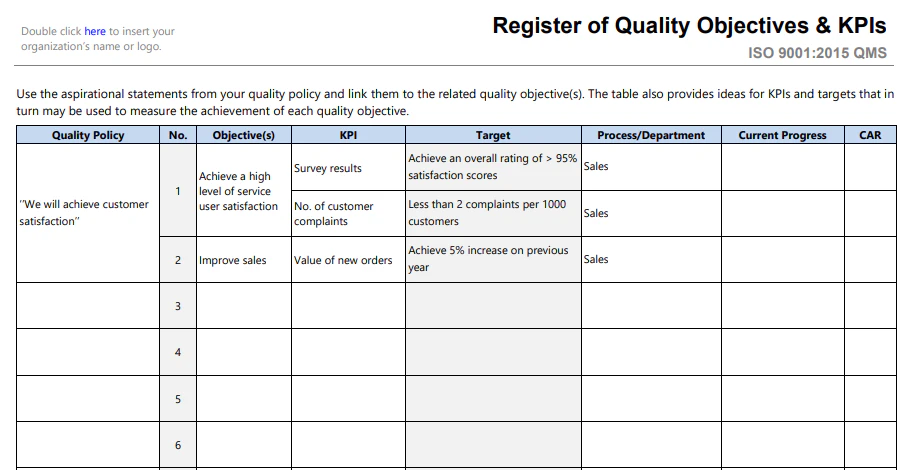 kpi iso 9001 quality objective
